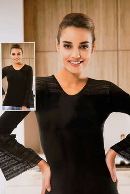 Dantelli Uzun Kol Body Siyah - YILDIRIM İÇ GİYİM