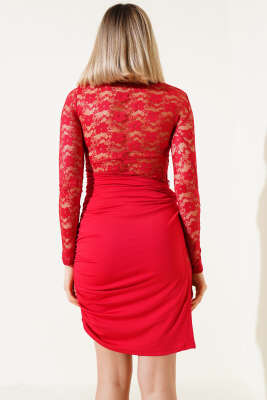 Dantelli Uzun Kol Mini Elbise Kırmızı - Kadın Giyim Modelleri