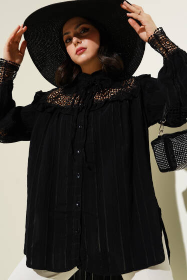 Dantelli Yaka İp Bağcıklı Gömlek Siyah - Gömlek
