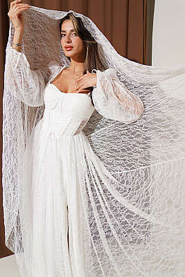 Dantelli Yırtmaçlı Korseli Abiye Elbise Ekru 