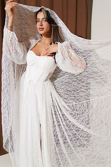 Dantelli Yırtmaçlı Korseli Abiye Elbise Ekru - Kadın Giyim Modelleri