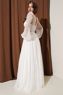 Dantelli Yırtmaçlı Korseli Abiye Elbise Ekru - Kadın Giyim Modelleri