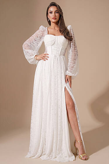 Dantelli Yırtmaçlı Korseli Abiye Elbise Ekru - Kadın Giyim Modelleri