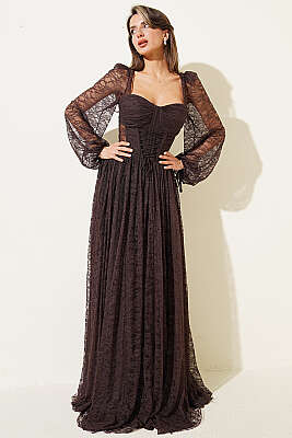 Dantelli Yırtmaçlı Korseli Abiye Elbise Kahve - Kadın Giyim Modelleri