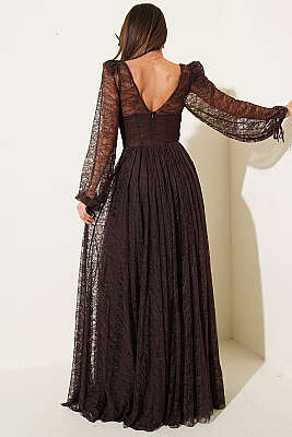 Dantelli Yırtmaçlı Korseli Abiye Elbise Kahve - Kadın Giyim Modelleri