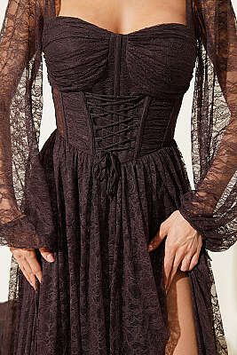 Dantelli Yırtmaçlı Korseli Abiye Elbise Kahve - Kadın Giyim Modelleri