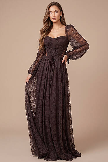 Dantelli Yırtmaçlı Korseli Abiye Elbise Kahve - Kadın Giyim Modelleri