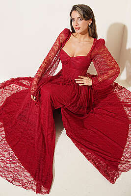 Dantelli Yırtmaçlı Korseli Abiye Elbise Kırmızı 