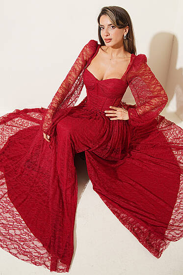 Dantelli Yırtmaçlı Korseli Abiye Elbise Kırmızı - Kadın Giyim Modelleri