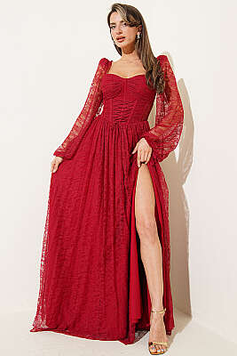 Dantelli Yırtmaçlı Korseli Abiye Elbise Kırmızı - Kadın Giyim Modelleri