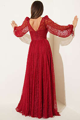 Dantelli Yırtmaçlı Korseli Abiye Elbise Kırmızı - Kadın Giyim Modelleri