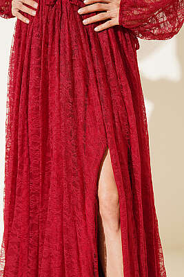 Dantelli Yırtmaçlı Korseli Abiye Elbise Kırmızı - Kadın Giyim Modelleri