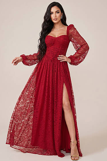 Dantelli Yırtmaçlı Korseli Abiye Elbise Kırmızı - Kadın Giyim Modelleri
