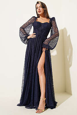 Dantelli Yırtmaçlı Korseli Abiye Elbise Lacivert 