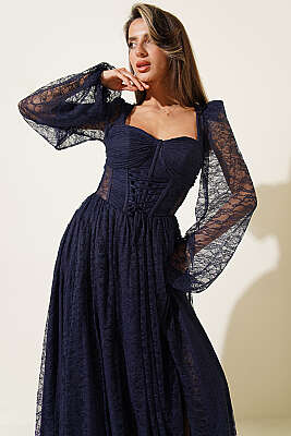 Dantelli Yırtmaçlı Korseli Abiye Elbise Lacivert - Kadın Giyim Modelleri