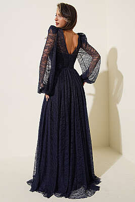 Dantelli Yırtmaçlı Korseli Abiye Elbise Lacivert - Kadın Giyim Modelleri