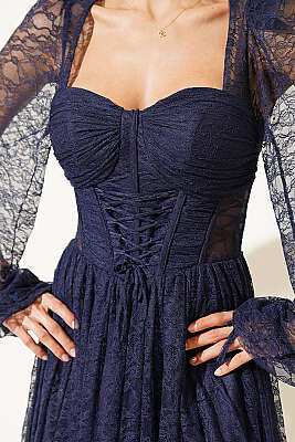 Dantelli Yırtmaçlı Korseli Abiye Elbise Lacivert - Kadın Giyim Modelleri
