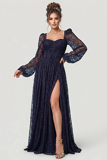 Dantelli Yırtmaçlı Korseli Abiye Elbise Lacivert - Kadın Giyim Modelleri