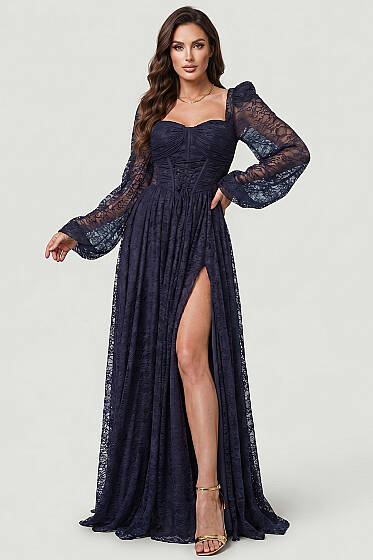 Dantelli Yırtmaçlı Korseli Abiye Elbise Lacivert - Kadın Giyim Modelleri