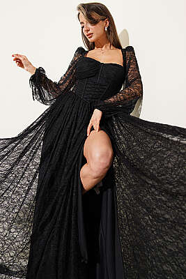 Dantelli Yırtmaçlı Korseli Abiye Elbise Siyah - Kadın Giyim Modelleri