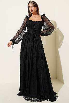 Dantelli Yırtmaçlı Korseli Abiye Elbise Siyah - Kadın Giyim Modelleri