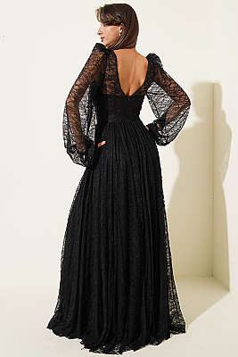 Dantelli Yırtmaçlı Korseli Abiye Elbise Siyah - Kadın Giyim Modelleri