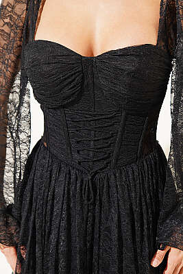 Dantelli Yırtmaçlı Korseli Abiye Elbise Siyah - Kadın Giyim Modelleri