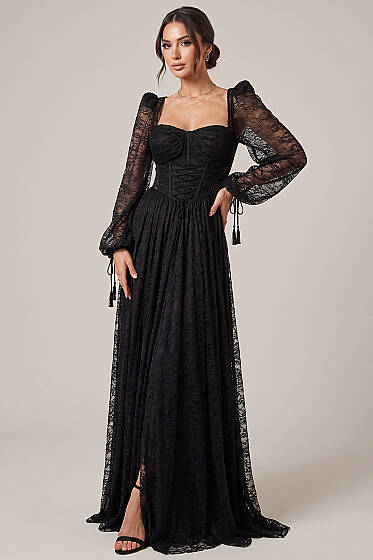 Dantelli Yırtmaçlı Korseli Abiye Elbise Siyah - Kadın Giyim Modelleri