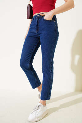 Dar Kesik Paça Mom Kot Pantolon Mavi 