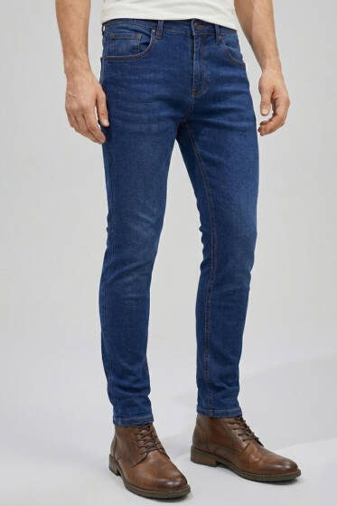 Dar Paça Bel Düğmeli Erkek Kot Pantolon Koyu Mavi - Erkek Jean