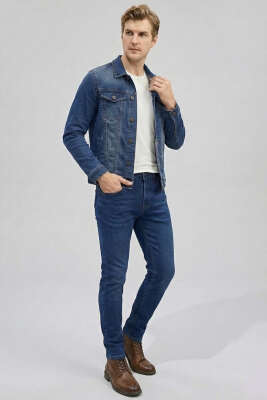 Dar Paça Bel Düğmeli Erkek Kot Pantolon Koyu Mavi - Erkek Jean