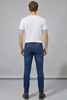 Dar Paça Bel Düğmeli Erkek Kot Pantolon Koyu Mavi - Erkek Jean