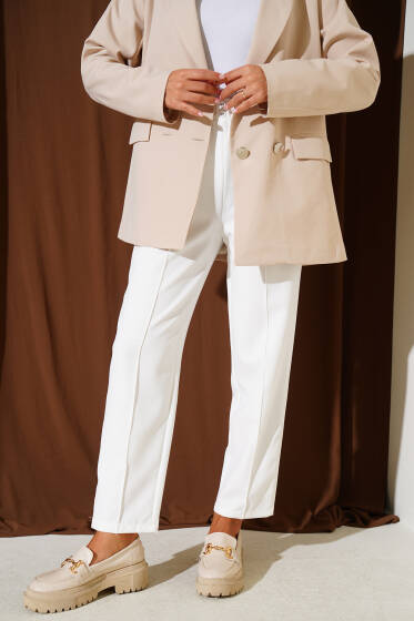Dar Paça Bel Lastikli Çımalı Pantolon Ekru - Pantolon
