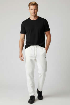 Dar Paça Bel Lastikli Erkek Eşofman Alt Beyaz - Erkek Eşofman Alt