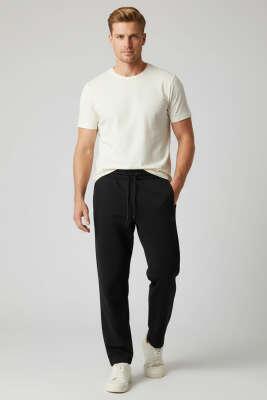 Dar Paça Bel Lastikli Erkek Eşofman Alt Siyah - Erkek Eşofman Alt