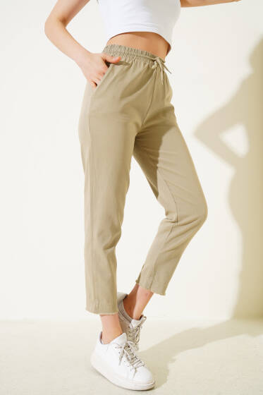 Dar Paça Bel Lastikli Gabardin Pantolon Çağla Yeşili - Kadın Giyim Modelleri