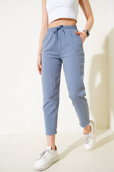 Dar Paça Bel Lastikli Gabardin Pantolon İndigo - Kadın Giyim Modelleri