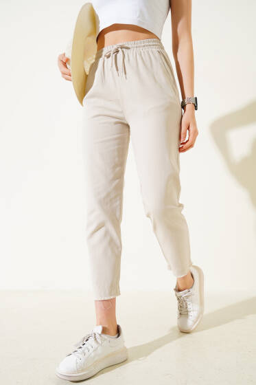 Dar Paça Bel Lastikli Gabardin Pantolon Taş - Kadın Giyim Modelleri