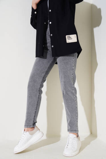 	 Dar Paça Bel Lastikli Kot Pantolon Füme - Pantolon