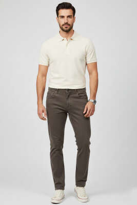 Dar Paça Cepli Düğmeli Erkek Kot Pantolon Kahve - Yeni Erkek Giyim