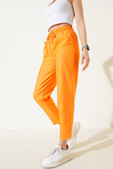 Dar Paça Çımalı Bel Lastikli Pantolon Oranj - Kadın Giyim Modelleri