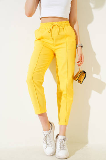 Dar Paça Çımalı Bel Lastikli Pantolon Sarı - Kadın Giyim Modelleri