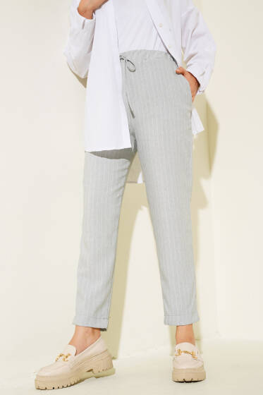 Dar Paça Çizgili Pantolon Gri - yüksek bel pantolon