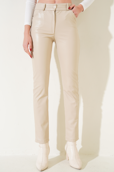 Dar Paça Deri Pantolon Bej - Kadın Giyim Modelleri