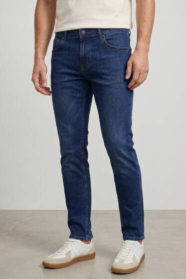 Dar Paça Erkek Likralı Kot Pantolon Koyu Mavi - Erkek Pantolon