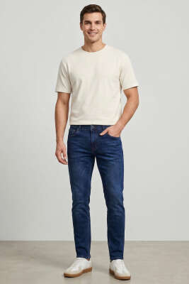 Dar Paça Erkek Likralı Kot Pantolon Koyu Mavi - Erkek Pantolon