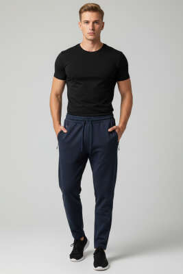 Dar Paça Fermuar Cepli Erkek Eşofman Altı Lacivert - Erkek Eşofman Alt