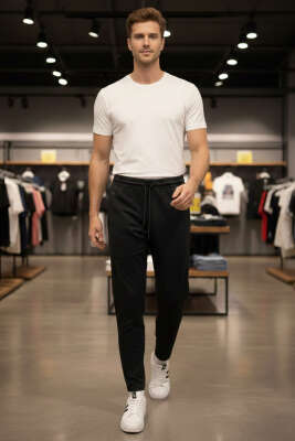 Dar Paça Fermuar Cepli Erkek Eşofman Altı Siyah - Erkek Eşofman Alt