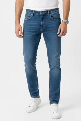 Dar Paça Likralı Erkek Kot Pantolon Orta Mavi - DEEP BROWN