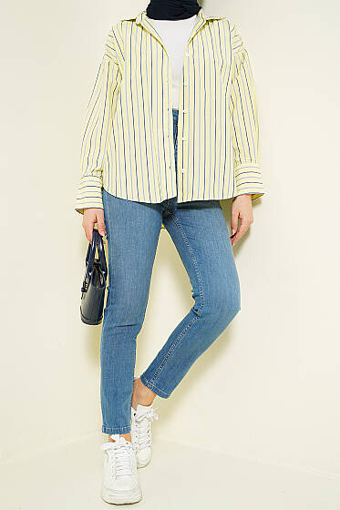 Dar Paça Likralı Kot Pantolon Mavi - Pantolon